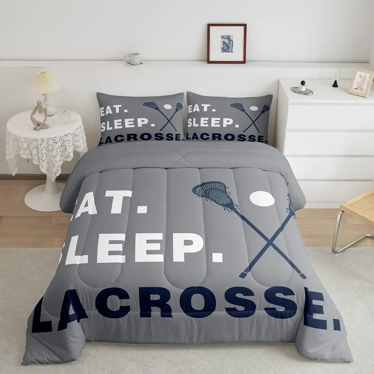 Girls' Ultra-Soft Geometric Lacrosse Print Gray Bedding Set - Multi-Size Luxury Comforter with Duvet, Machine-Wash Washable Blankets, King/Queen Options, Machine-Washable Textiles for Guest Rooms