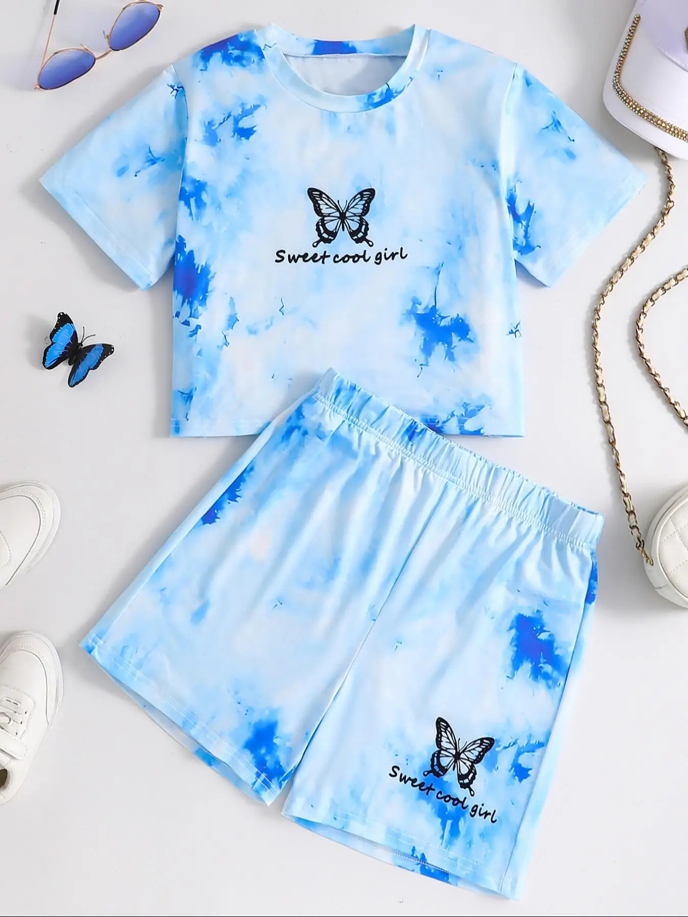 Girl's Butterfly Print Short Sleeve T-shirt & Elastic Waist Shorts Two-piece Set, Casual Round Neck Tee & Skinny Shorts for Daily Wear, Kids Summer Cl
