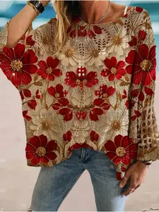 Spring and summer round neck diamond hollow batwing sleeve women's top, floral print, stylish and unique, casual and elegant, versatile for vacation and daily commute.