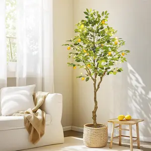 Gaomon 6FT Artificial Lemon Tree - Lighted Fake Plant with Realistic Trunk, Fruits, PE & Metal Build, Lifelike Look, Leaf Texture, Moss Planter for Indoor Home & Balcony Decor