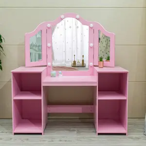 GARVEE Princess Vanity Table with Makeup Desk & Chair Set for Toddlers - Features Touch Light, Detachable Tri-Folding Mirror, Open Storage Shelves, Wooden Dressing Table, and Pretend Play Set