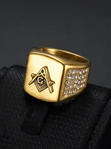 18K Gold-plated Stainless Steel Luxury Hip-hop Style Synthetic Zircon Square AG Men's Ring, Worn for Daily Parties and Banquets, Fashionable Pairing with Jewelry