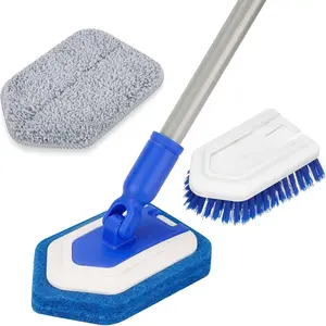 Scrubber with Extendable Long Handle 50'' -Tub and Tile Brush Interchangeable Head Shower Scrubber for Shower