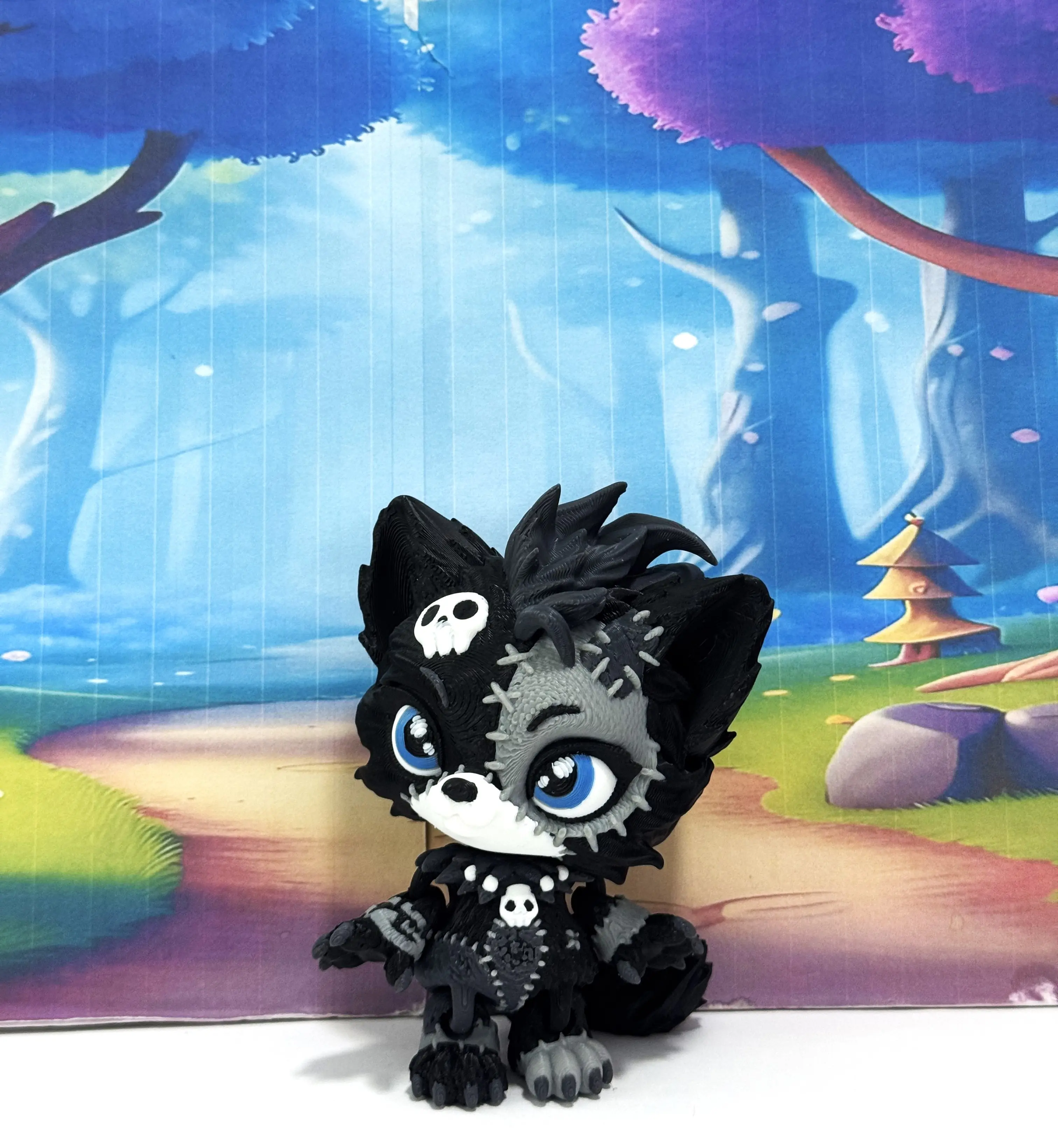 Patchwork Gray Lupa, 3D Printed Posable She Wolf Gothic Desk Buddy, 4" Pink Articulated Spooky Decor