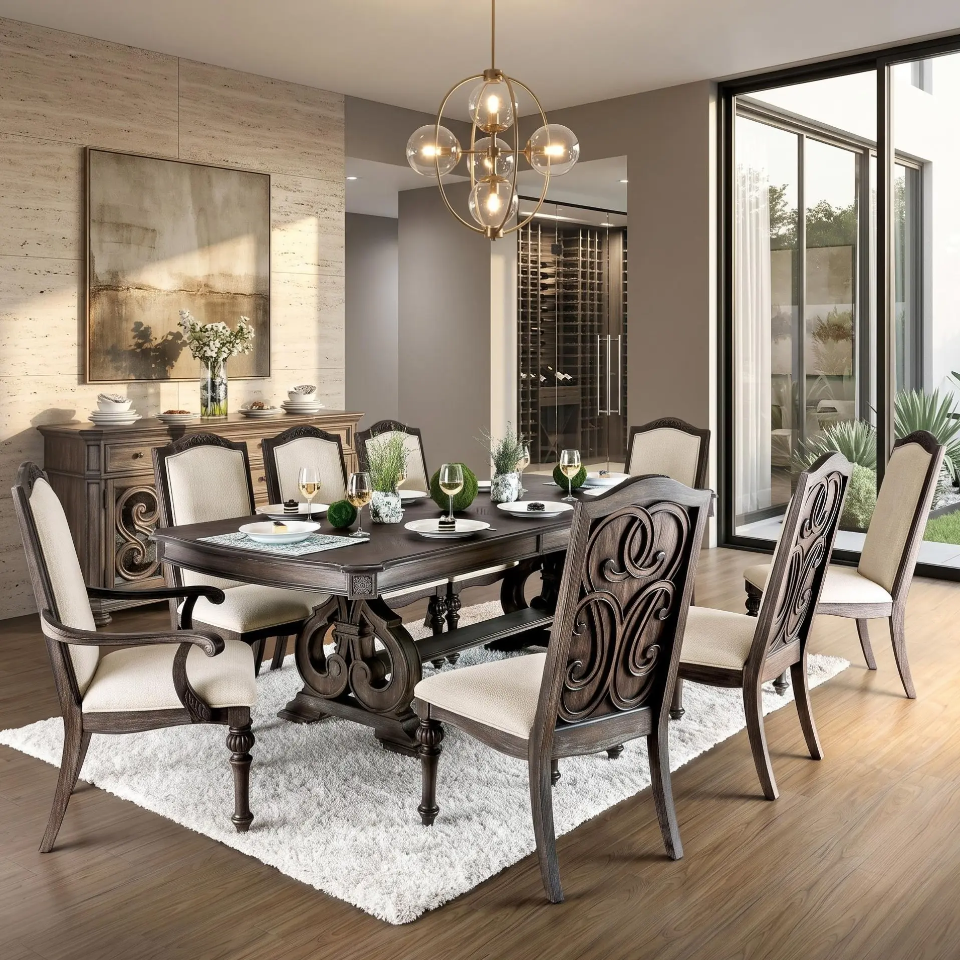 ARCADIA Rustic 7-Piece Dining Room Table Set - Wooden Dining Set with Artful Leg Carvings, Indoor Home Furniture