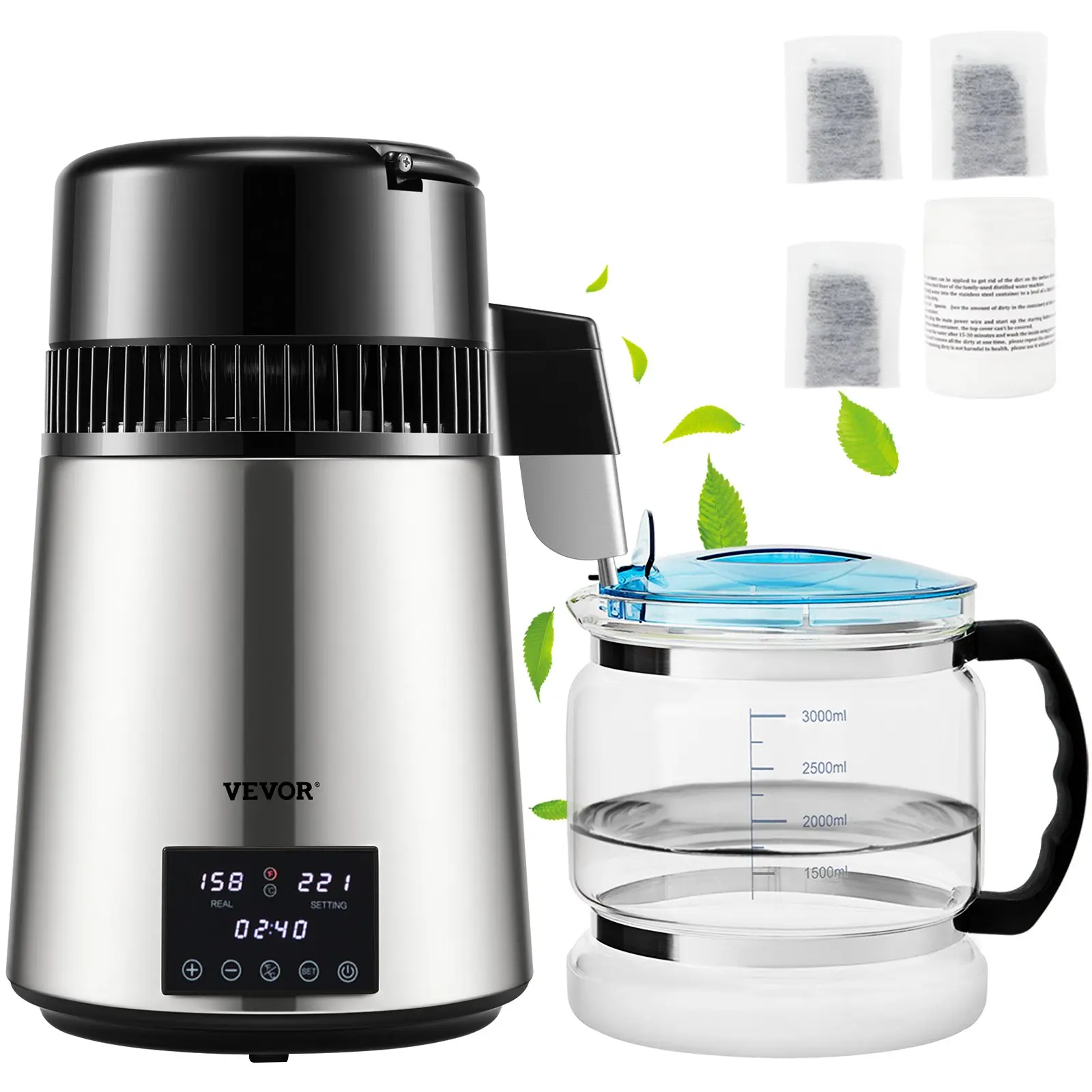VEVOR 110V Countertop Water Distiller, 1.1Gal (4L) 1750W Power Unit with 0.4Gal/H Rate, 0-99H Timing, Dual Temp Display, Convenient Touch Screen, 304 Stainless Steel Build, Glass Carafe, 3 Carbon Packs, Cleaning Powder, Silver for Labs, Dental Clinics