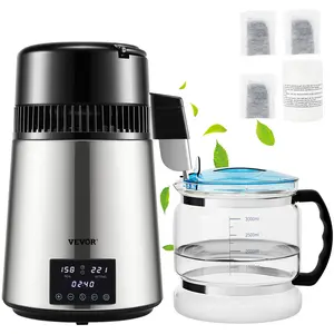 VEVOR 1.1Gal Water Distiller, 0.4Gal/H, Distilled Water Maker Machine 1750W 0-99H Timing Dual Temp Display, 304 Stainless Steel Countertop Distiller Glass Carafe Cleaning Powder 3 Carbon Packs, Silve