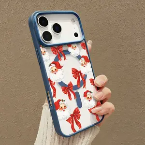 Vintage Christmas Santa Claus Red Bow Pattern Magnetic Case for iPhone 17 Air 16 15 14 Pro Max 13 12 11 Shockproof Protection Silicone Transparent tpu Aesthetic Durable Handle Cellphone Casing Smartphone Screen Protector Cover Protective Black Cute Cat