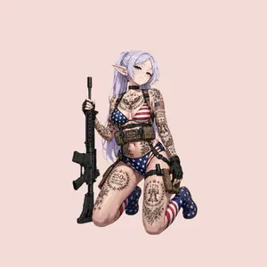 Tactical Frieren 250th Year of Freedom Sticker, Patriotic Tattooed Elf Waifu Vinyl Decal, Patriotic Elf Girl Freedom 250 Decal