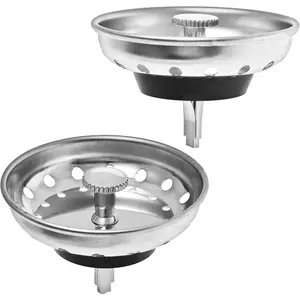 2 Pack - Kitchen Sink Strainer and Stopper Combo Basket Replacement for Standard 3-1/2 inch Drain, Stainless Steel Basket with Plastic Knob, Rubber Stopper Bottom