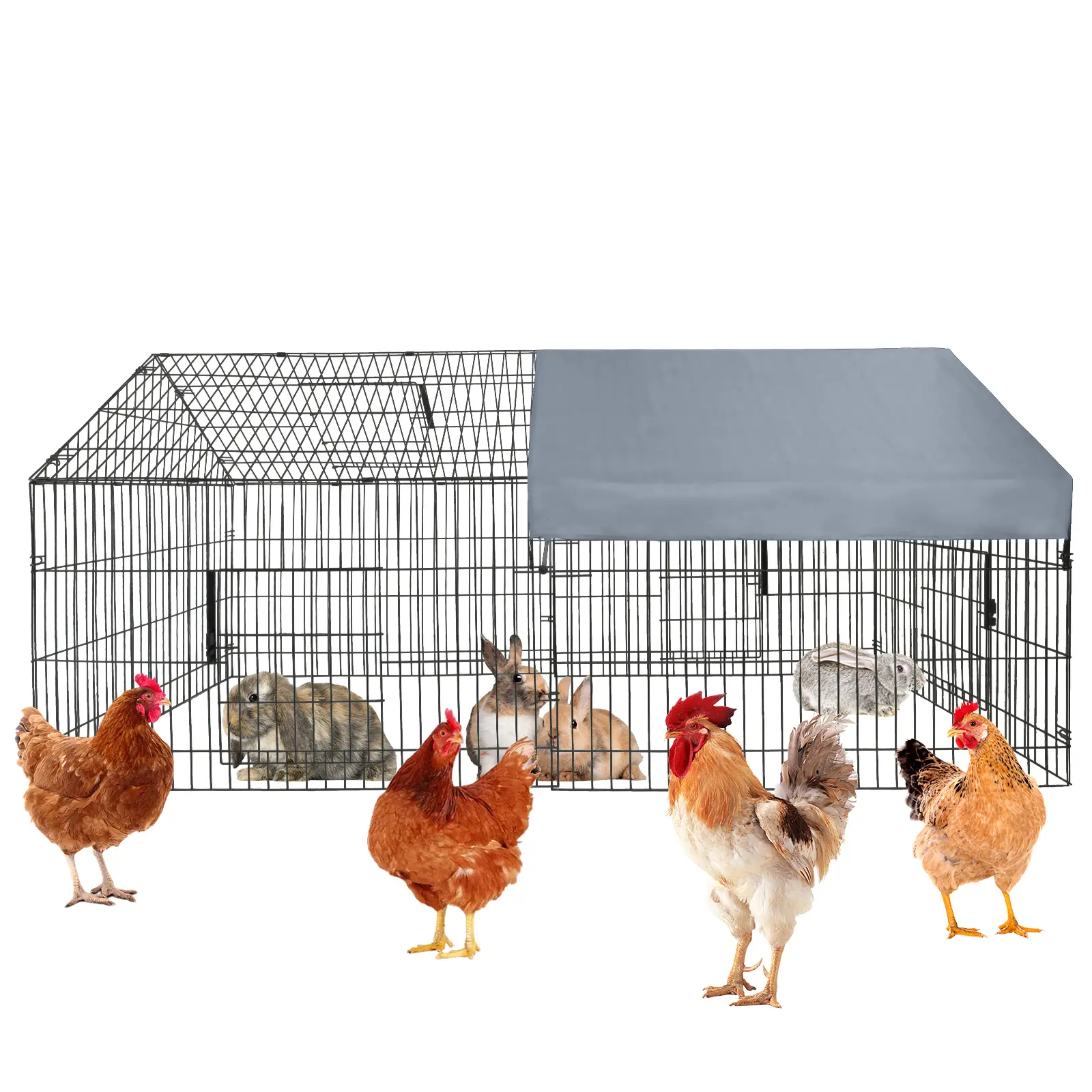 Spacious Walk-In Metal Small Animal Cage for Outdoor & Indoor Use, Waterproof & UV-Resistant Roof, Secure Multi-Door Enclosure & Playpen for Chickens, Rabbits, Ducks, Guinea Pigs, Holds 6-8 Hens – Backyard Farm