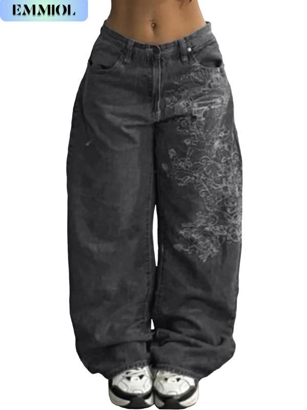EMMIOL Women Hip Hop Baggy Jeans Wide Leg Mid-Low Waist Jeans Loose Boyfriends Pants 90s Vintage Denim Street Womenswear