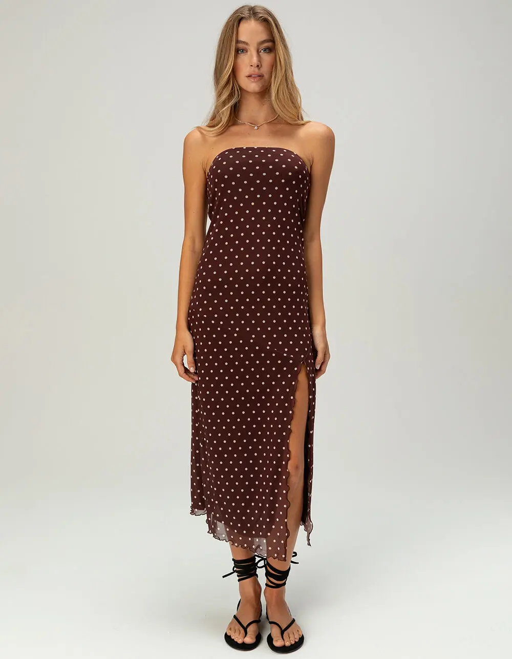 RSQ Womens Polka Dot Mesh Strapless Midi Dress