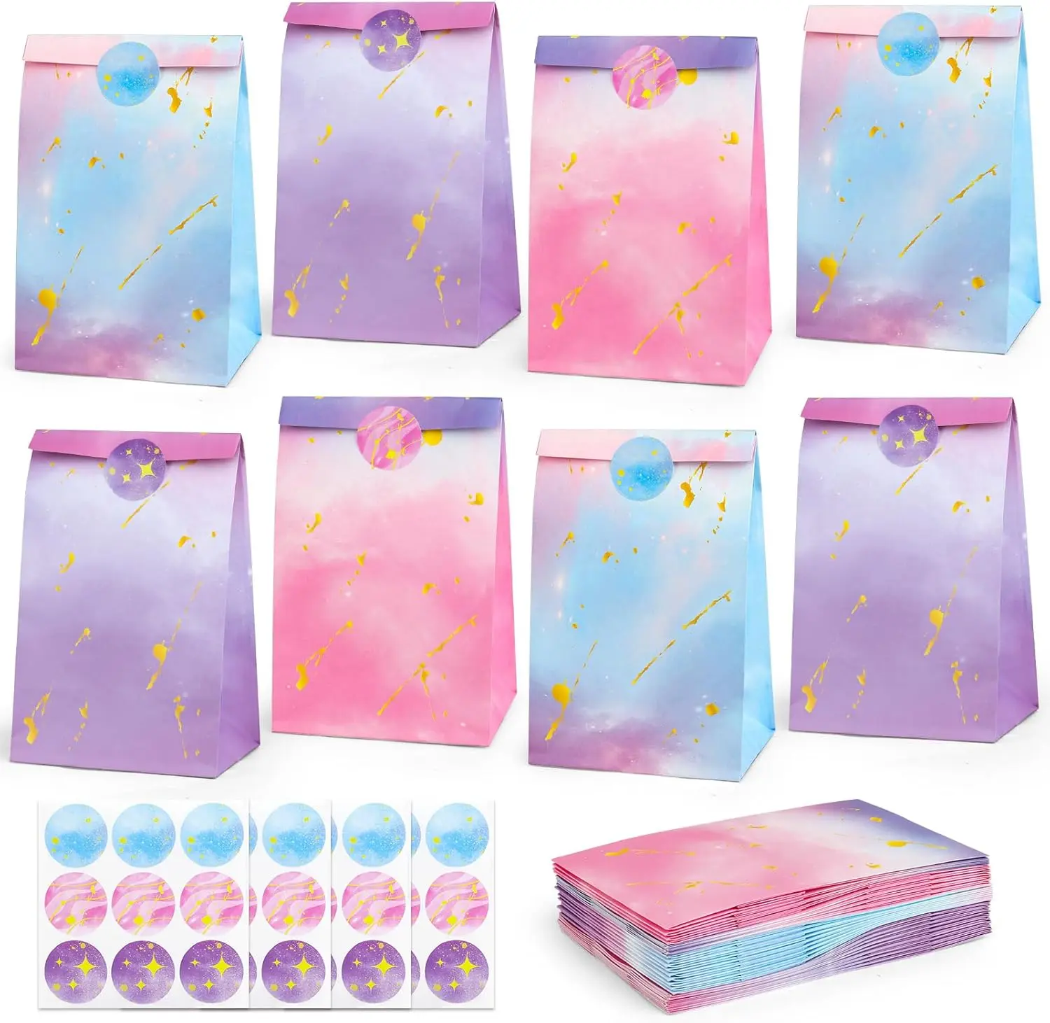 HEJIN Tie Dye Party Bags 30PCS Pink Purple Small Gift Bags with Stickers for Birthday Baby Shower Halloween Wedding Mermaid Unicorn Design Goodie Bags