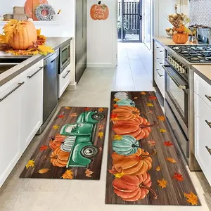 2 Piece Set Autumn Harvest Thanksgiving Kitchen Mats, Soft Non-Slip Rugs, Pumpkin Patch Design, Home Decor for Bedroom Living Room Dining Room Party