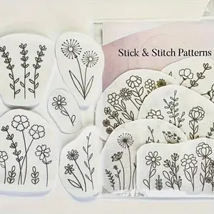 11-Piece Washable Floral Embroidery DIY Set, Water-Soluble Ink & Reusable Stickers, Jeans Pocket Patches for Clothing Decoration, Floral Embroidery Design