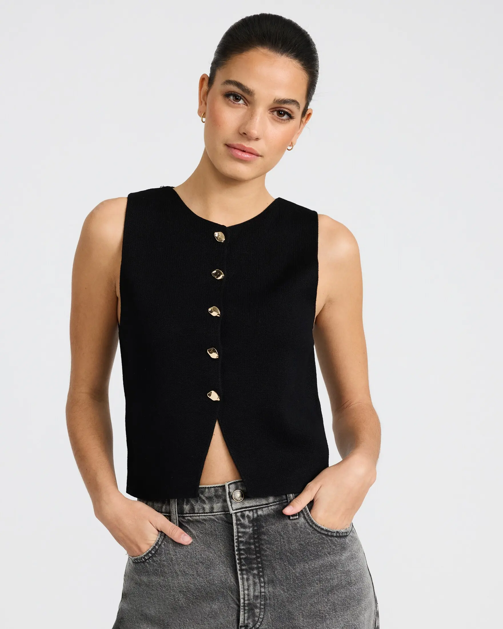 Express Crew Neck Novelty Button Cutaway Sweater Vest, Chic, Polyester