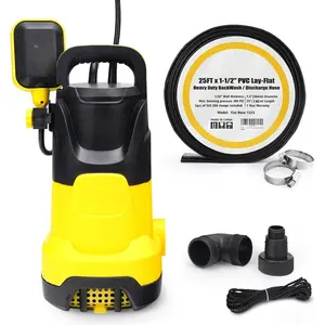 1.5  Submersible Water Pump and 25FT x 1-1/2" PVC Lay Flat Discharge Hose Draining Sump Pump Kit Easy to Use for Removing Clean/Dirty Water from Pool Pond Flooded Basement Rain Barrel
