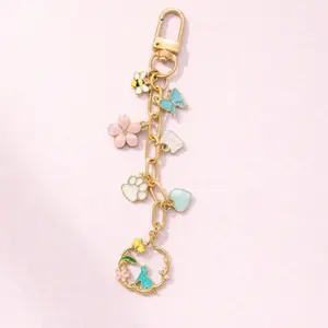 Charm Chain for Kindle Fashion Bag Charm Spring Theme Cat Bee Butterfly Oxidized Brass with Swivel Snap Hook 6 Inches Total Length