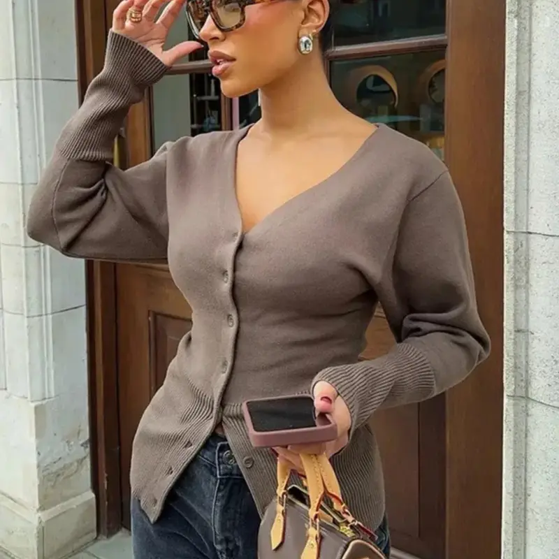 Women's Solid Color V Neck Button Down Drop Shoulder Knitwear Cardigan Basic Casual Fit Long Sleeve Ribbed Cuff Sweater for Spring & Fall, Ladies Clothes for Daily Wear Knit Casual Top