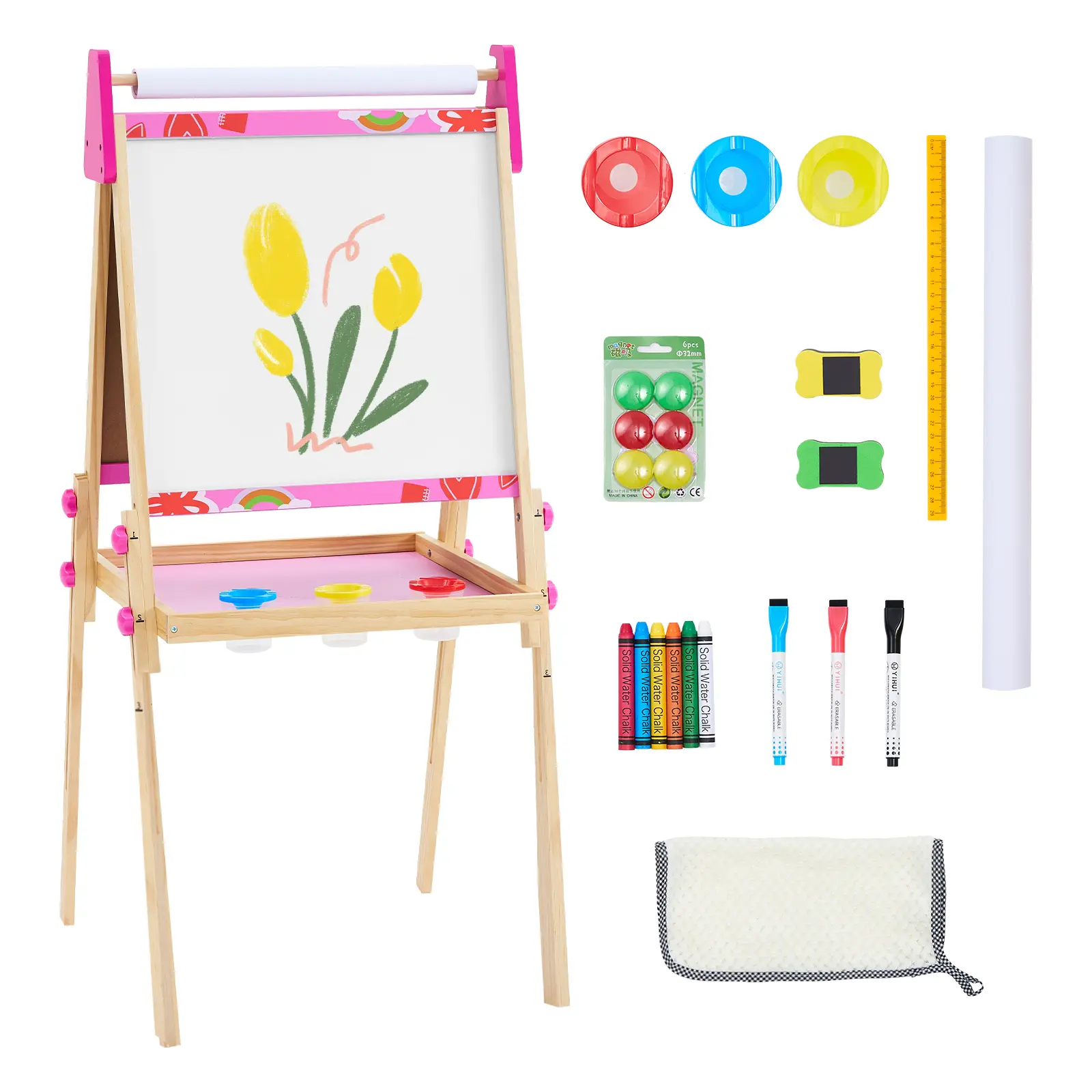 Sweetcrispy Unisex Kids' Adjustable Height Wooden Double-Sided Magnetic Chalkboard & Whiteboard Easel Set - Chalkboard Design, Erasable Drawing Boards, 3 Water-Based Markers, Art Kits, Paper Roll, Erasers - Educational Toy Gift for Ages 3+