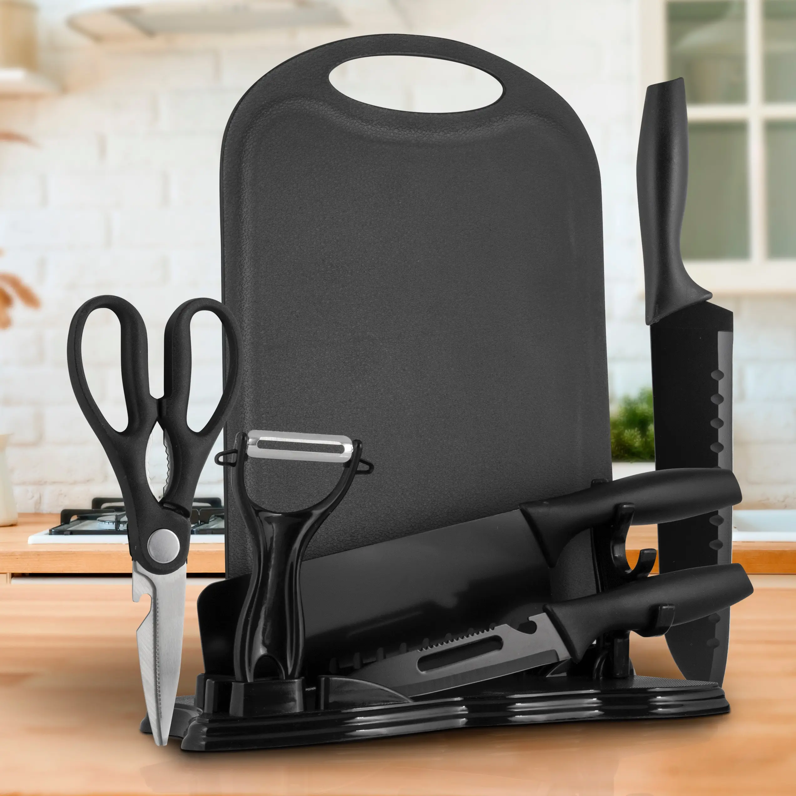 Eternal Living 7 Piece Stainless Steel Black Knife Set with Soft Handle, Cutting Board, Stand, and Precision Cutting Tools