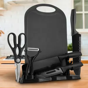 Eternal Living 7 Piece Stainless Steel Black Knife Set with Soft Handle, Cutting Board, Stand, and Precision Cutting Tools