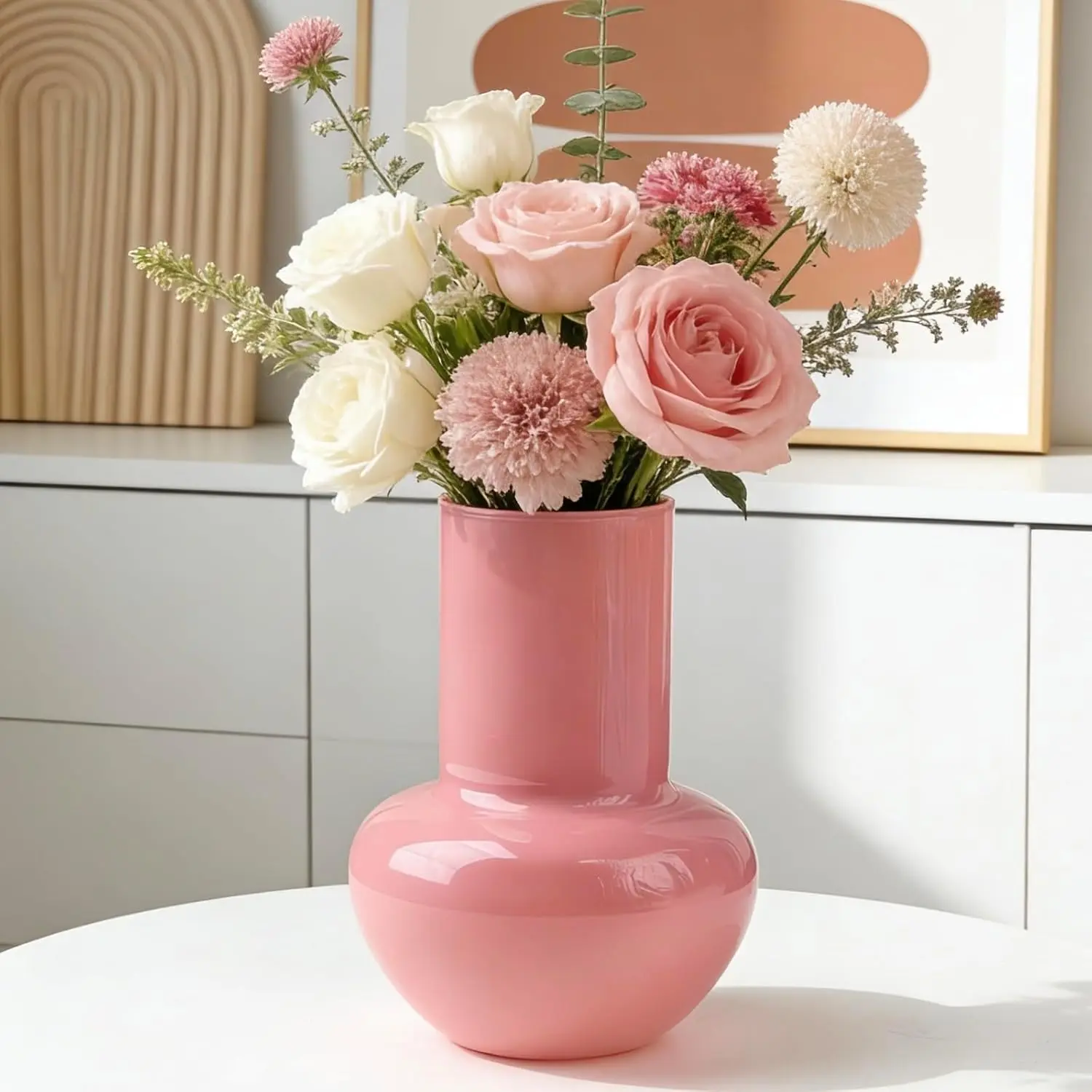 BLOFLO Modern Retro Glass Vase, 7 Inch Bubble Round Bulb Vase, Boho Vintage Home Decor Table Centerpiece for Fresh/Fake Flowers, Ideal Housewarming/Mother’s Day/Birthday Gift (Pink)