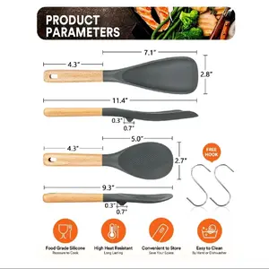 Wood Handle Silicone Cooking Spoon and Rice Scoop Set for Serving Mixing Scraping Gray Food Grade High Heat Resistant Easy to Clean