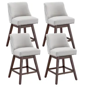 Modern Upholstered Bar Stools Set of 2/4/6,360° Swivel Bar Stools, Linen Fabric Island Chairs with Wood Legs & high Backrest and Nailhead Trim, for Kitchen Island, Counter Height Chair for Kitchen, Bar, Dining Room