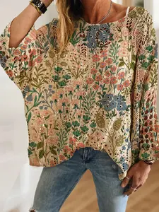 Women's Colorful Floral Print Knit Top, Casual Elegant Vacation Style, Comfortable Breathable Loose Fit, Batwing Shoulder Design