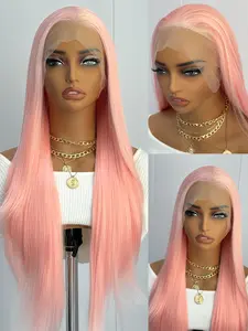26 Inch Long Silky Straight Wig Pink Lace Front Wig for Women, 13x4 Lace Daily Wear Wig with Free Part Natural Hairline Heat Resistant Synthetic Fiber, Halloween Cosplay Party Wigs