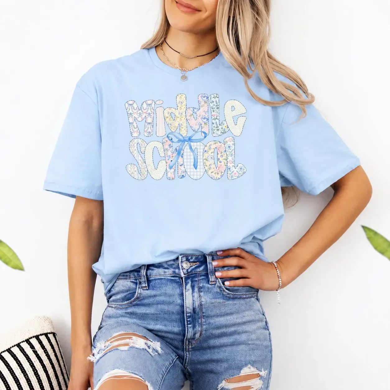 Middle School Teacher Shirt, Readable Grade Quote Tee, Floral Patchwork Letter T-Shirt with Blue Bow, Back to School Classroom Shirt, Teacher Appreciation Gift - DPCLICK