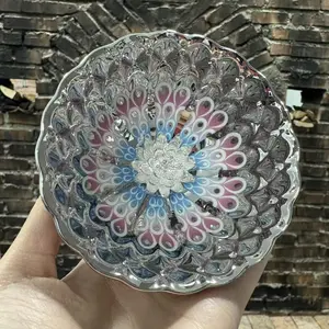 Artisan Porcelain Tea Bowl - Silver Glaze with Peacock Feather & Floral Motif