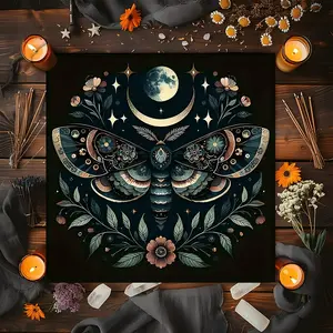Mystical gorgeous Moth Moon Phase Design Square Tarot Tablecloth, Witch-style home decor Altar Cloth Multiple Sizes Polyester Fabric, Easy to Clean and Maintain Decorative Divination Cloth for Spreads & Rituals Gift for family and friends