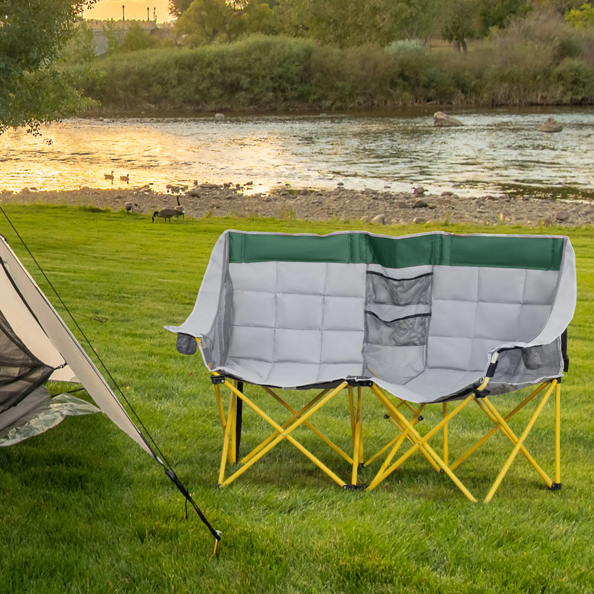 Double Camping Chair Green Gray 62 Inch Long Oxford Cloth PU Coating Steel Frame Widened Non Slip Foot Pads for Sporting Event Fishing Backyard Movie Night