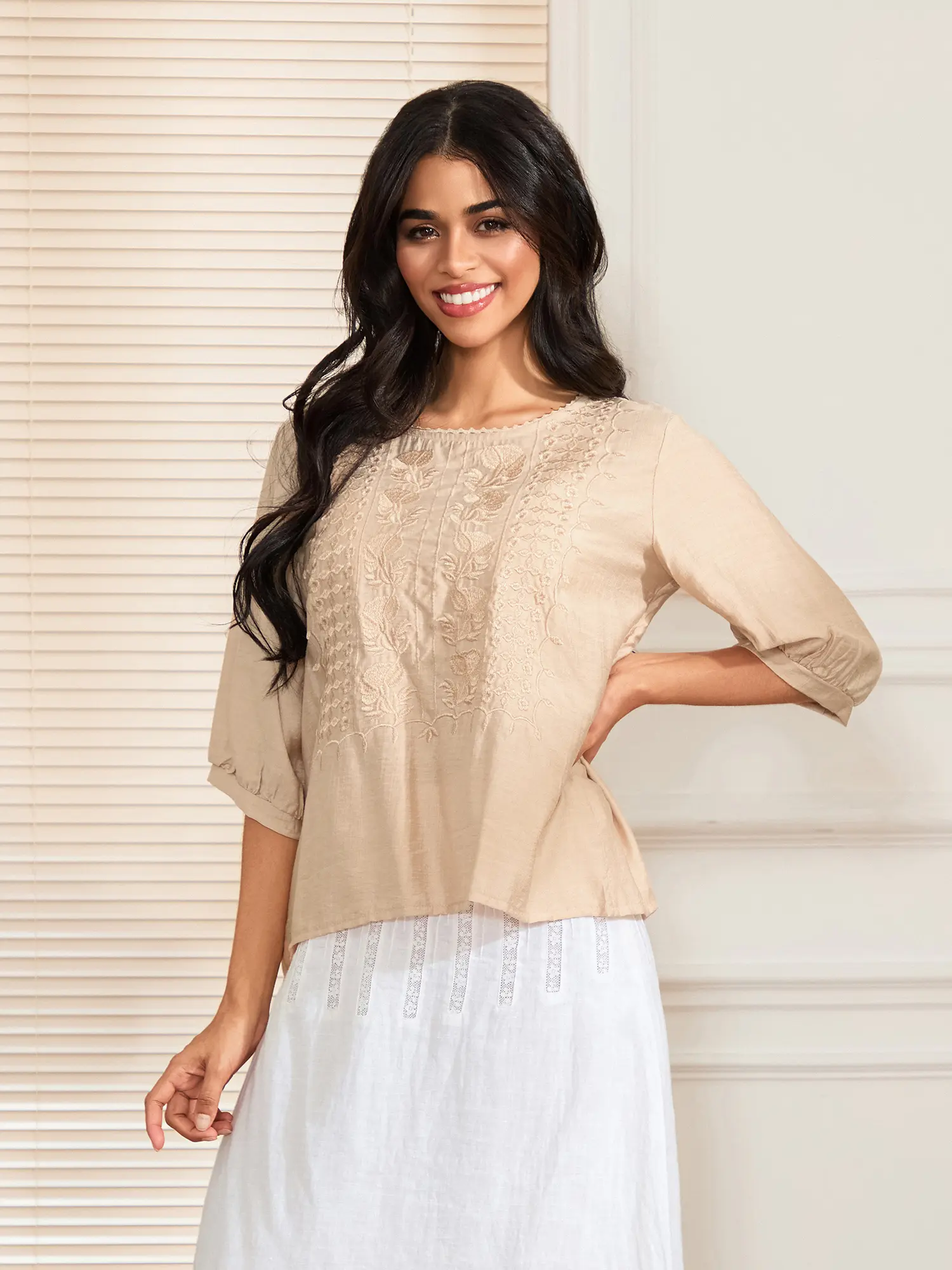 Women's Vintage Cotton Linen Embroidered Tops Loose Fit 3/4 Sleeve Blouse Summer Lightweight Casual Tee Boho Zen Style Shirts