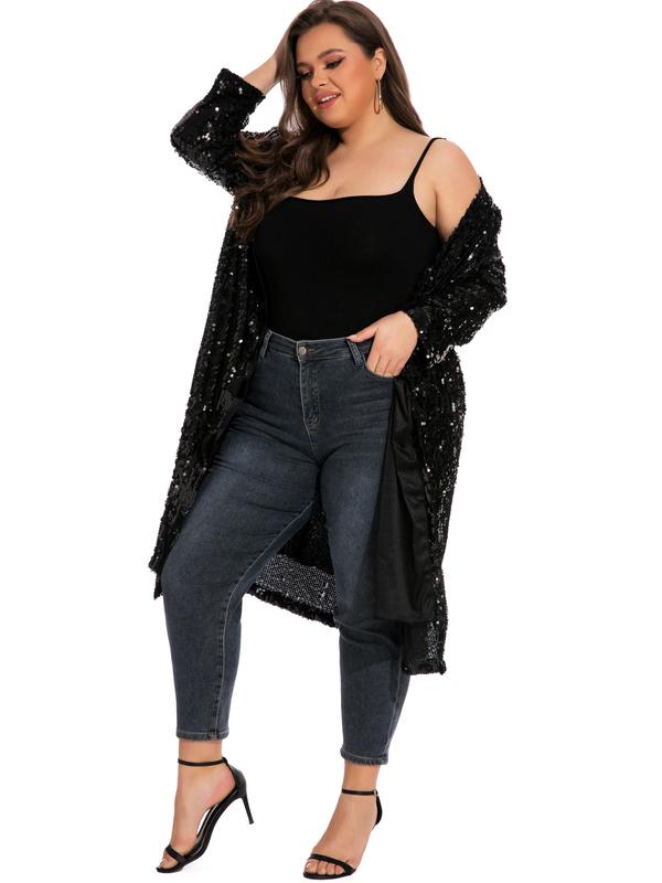 610 - Long Sleeves Full Sequins Open Front Duster Cardigan Cover-up Jacket Coat Womenswear Day Black