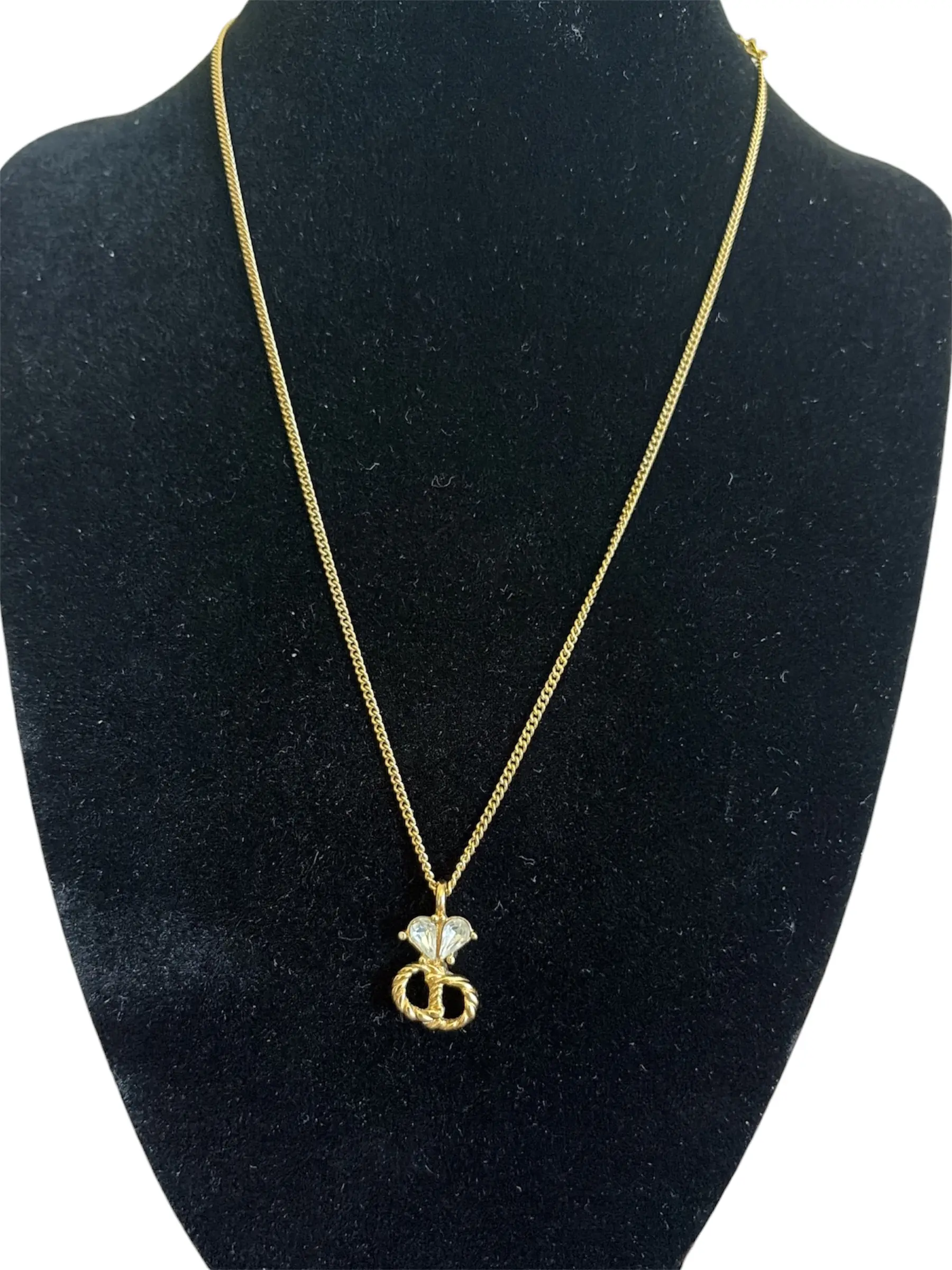 Pre-owned Christian Dior 17 Inch Gold Platted Heart Rhinestone "CD" Necklace