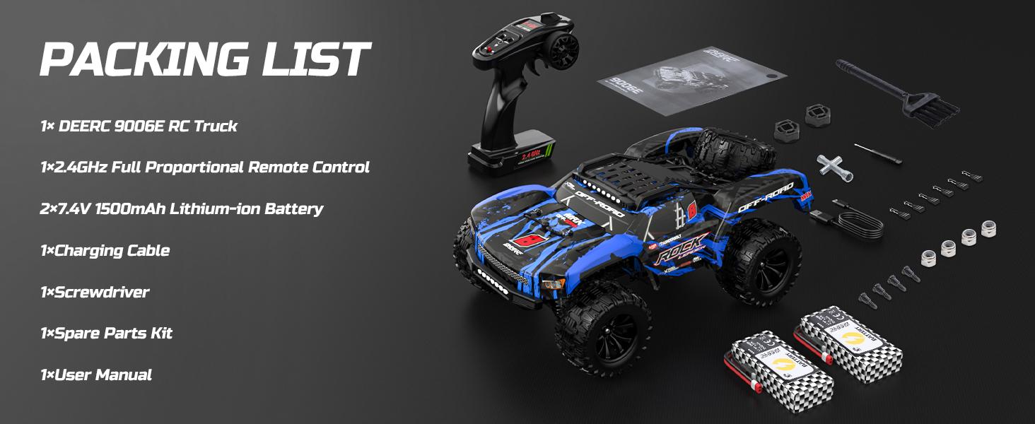 DEERC 9006E 1:12 4WD Off-Road RC Stunt Monster Truck, 28MPH 2.4GHz Racing Car, Waterproof Short Course Truck with 2 Lithium Ion Batteries, Spare Tire, LED Lights, Shock Absorbers, 100m Control Range, All-Terrain Tires for Ages 12+ Adults, 100 Meters