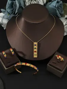 Vintage Ethnic Jewelry Set, 18k Gold Plated Floral Necklace Earrings Bracelet Ring, Casual All Seasons Accessories