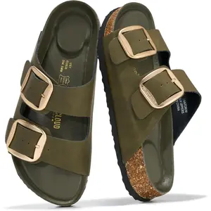 100% Genuine Leather Flat Sandals for Women 2026 Comfortable Beach Essentials, Memory Foam Vacation Slides for Women (Santorini)Gift