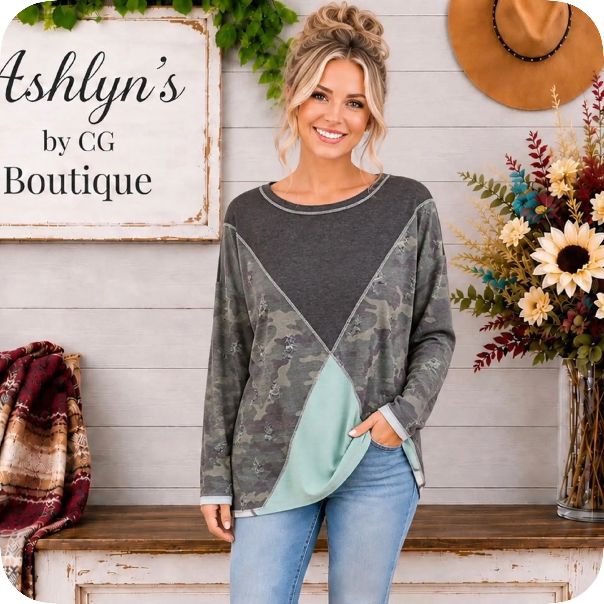 Fall Ready Charcoal Sage Distressed Camo Sweater Top
