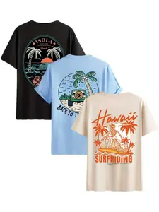 Men's 3-Pack Tropical Beach Graphic T-Shirts - Retro Surf & Skeleton Prints, Oversized Loose Fit, Casual Streetwear Tops, Perfect for Streetwear, Casual Daily Wear, Summer Essentials & Coastal Style, Beach Statement Tees