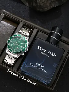 Men's Watch Set Silver Color Steel Band Dial, Fashionable Analog Quartz Movement Wristwatch, Ideal Gift with Box, All Seasons Wear, Fashionable Watches