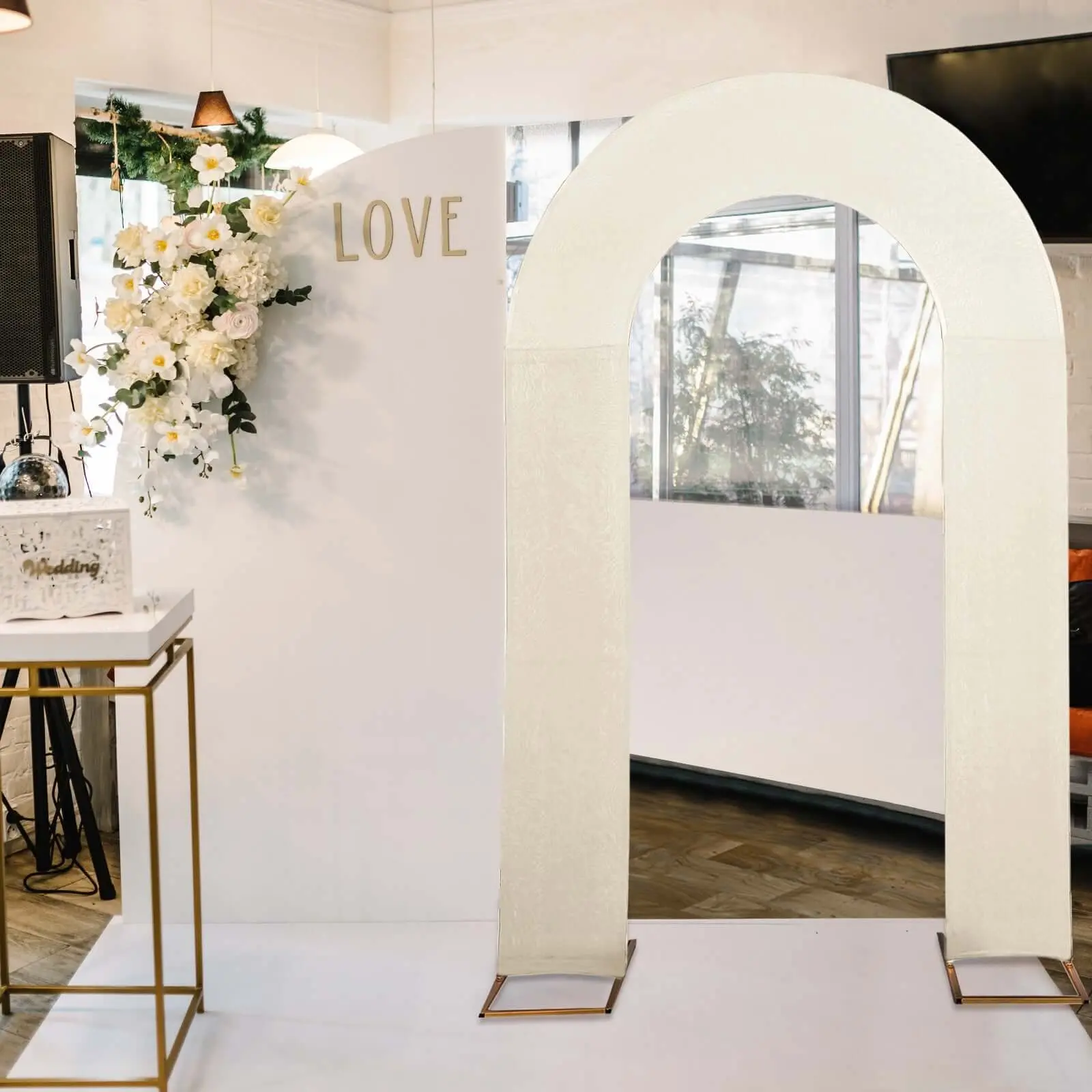 8ft Beige Spandex Fitted Open Arch Cover, Double-Sided U-Shaped Wedding Party Backdrop Slipcover for Party Decoration