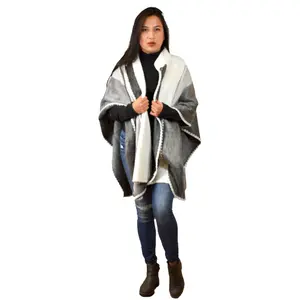 Neutral Tone Alpaca Poncho with hand crochet collar