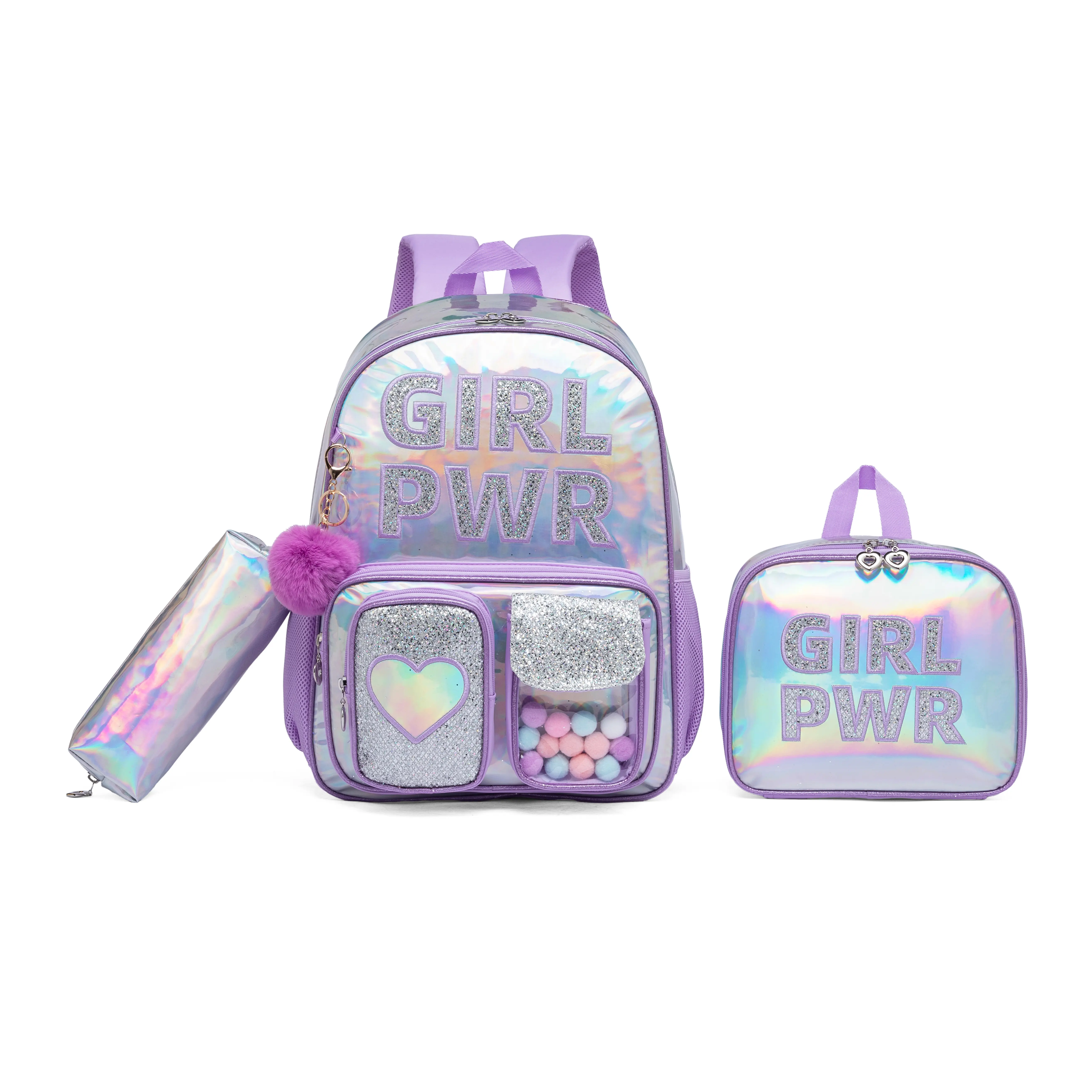 Girls' Holographic Backpack Set, 3-Piece "Girl Power" School Bundle with Lunch Box, Pencil Case & Glittery Heart, Kids Style for Elementary School, Back To School Haul, Chic
