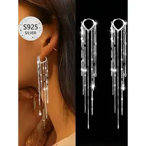 925 Sterling Silver Elegant Tassel Drop Earrings, Fashion Jewelry with Gift Box for Wedding/Banquet, Christmas Party Accessory, Statement Earrings