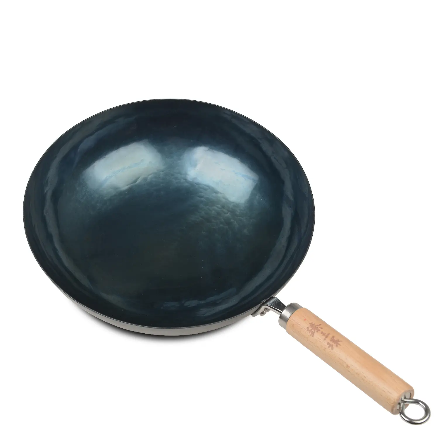 ZhenSanHuan Traditional Carbon Steel Wok with Hand-Hammered Finish, Wooden Handle, Round Bottom - Kitchen Cookware Pans
